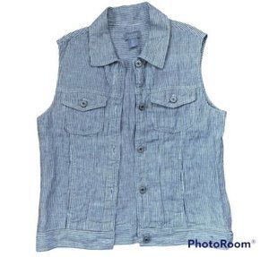 Kenar 100% Linen Blue/Gray & White Striped Collared Sleeveless Vest Size Small